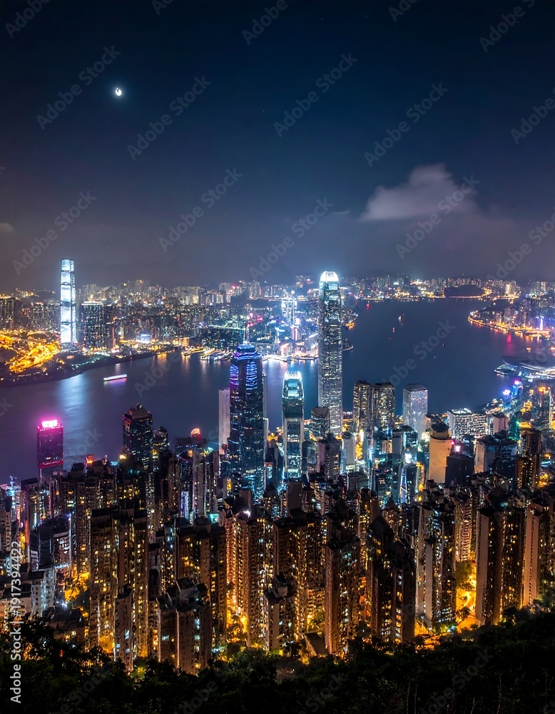 Obraz premium Illuminated cityscape at night, showcasing buildings and a waterway