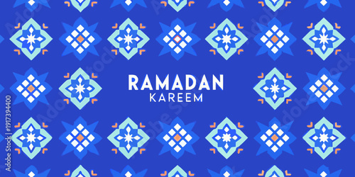 Ramadan kareem greeting with intricate blue and white geometric patterns