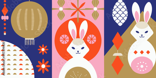 Stylized mid century modern illustration featuring rabbits lanterns and floral motifs