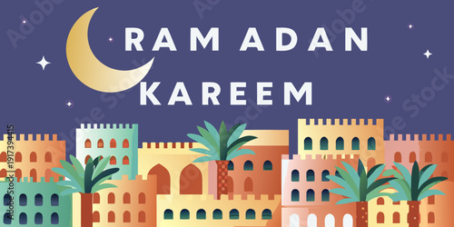 Ramadan kareem greeting with a crescent moon and city skyline
