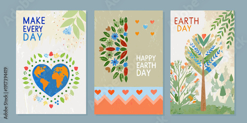 Three vertical banners promoting earth day with floral and nature themes
