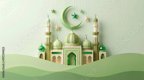 Paper‑Cut Mosque Illustration Islamic Architecture with Crescent Moon, Stars, and Layered Green Hills for Ramadan and Eid