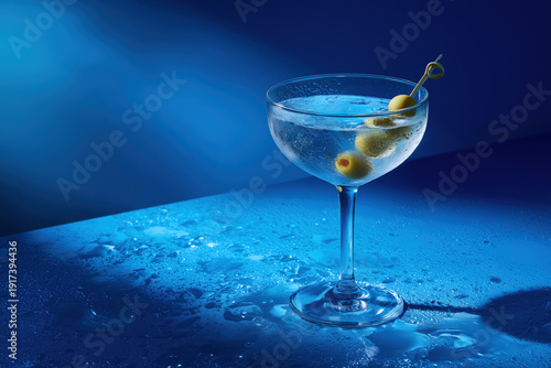 Classic gin martini cocktail with olive garnish in chilled coupe glass on frosted blue surface