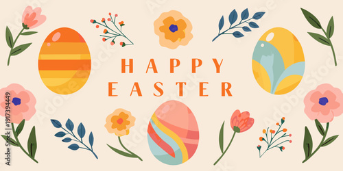 A colorful easter illustration with painted eggs and floral decorations
