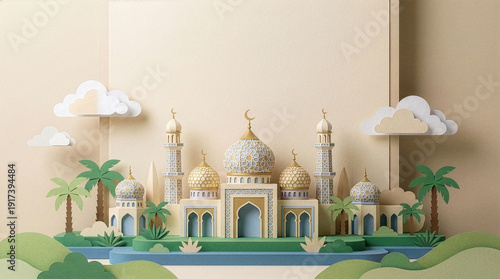Paper‑Cut Mosque Illustration Islamic Architecture with Crescent Moons, Palm Trees, and Spiritual Ramadan Design