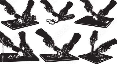 Hands using knife to cut vegetables on cutting board