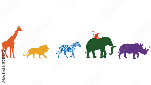 Colorful safari animals in a row on a white background, representing diversity and wildlife conservation.