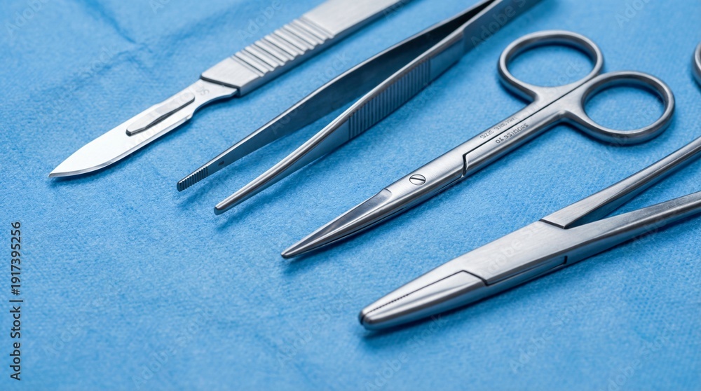 Fototapeta premium Surgical instruments including scalpel forceps scissors and hemostat on blue sterile cloth