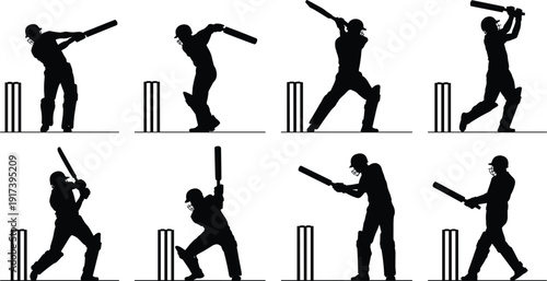 Cricket batsman silhouette set, batting action poses collection, sports player vector illustration isolated on white background