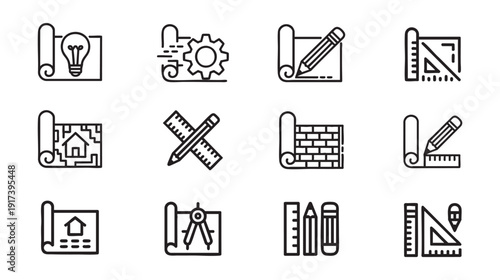 Architecture and Engineering Line Icons – Blueprints, Rulers, Compass, Construction Tools