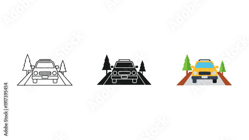 A black and white drawing of a car driving down a road Vector