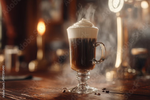 Irish coffee steaming in footed glass mug on dark wooden pub bar with warm bokeh lights
