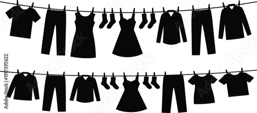 Laundry hanging clothesline silhouettes, washing drying garments shirts pants dresses socks isolated on white background vector illustration