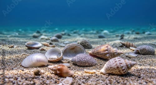 Various seashells on sandy ocean floor underwater with clear blue water