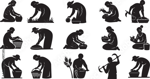 Farmers at work in various agricultural settings silhouette collection