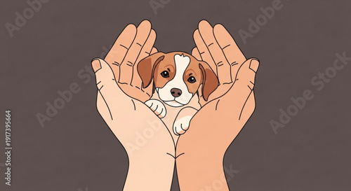Caring hands cradle adorable brown and white puppy conveying protection and love in a simple illustrative style