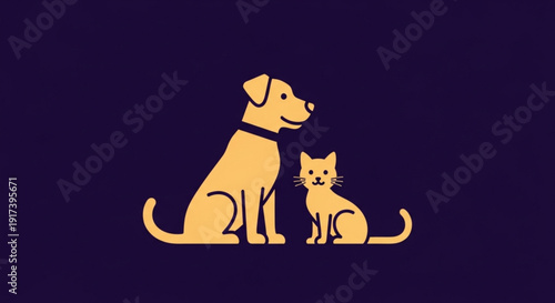 Friendly dog and cat sitting together on dark background animal companionship concept