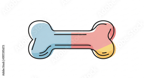 Colorful dog bone toy with blue pink and yellow sections on white background for pets