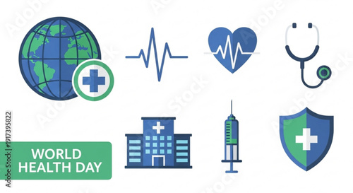 World health day medical icons set including globe heart rate stethoscope hospital syringe and shield with cross on white background