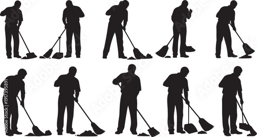 Silhouettes of people cleaning with brooms and dustpans together