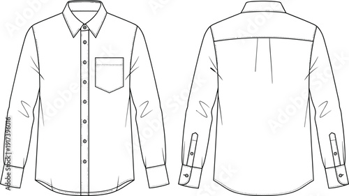 Vector technical fashion flat sketch of men's long sleeve button up dress shirt with collar front and back view isolated on white background.