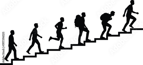 People climbing stairs silhouettes, career growth progression concept, success journey steps, black vector isolated on white background illustration