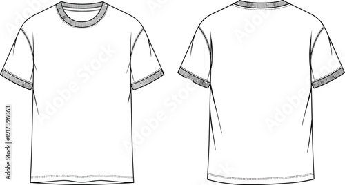 Vector technical fashion flat sketch of men's crew neck t-shirt with short sleeves front and back view isolated on white background for apparel design.