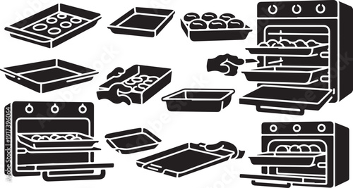 Black and white illustration of baking icons and ovens