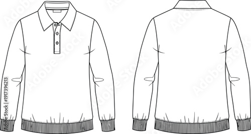 Vector technical fashion flat sketch of men's long sleeve polo shirt with collar front and back view isolated on white background for apparel design template.