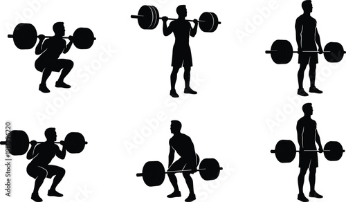 Weightlifting workout silhouette set, barbell squat deadlift exercises, muscular athlete strength training, black vector isolated on white background