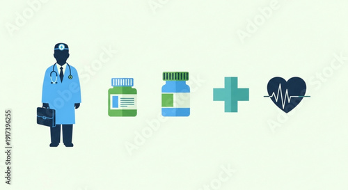 Doctor with medical icons for healthcare and wellness services including prescription bottle medical cross and heart rate