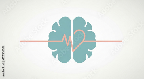 Teal brain icon with pink heartbeat line and heart symbol on white background representing mental health and wellness concept