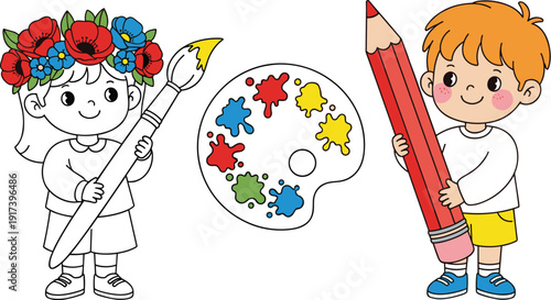 Cute cartoon children artists set featuring a girl with a paintbrush and a boy with a large pencil and a colorful paint palette isolated on white.