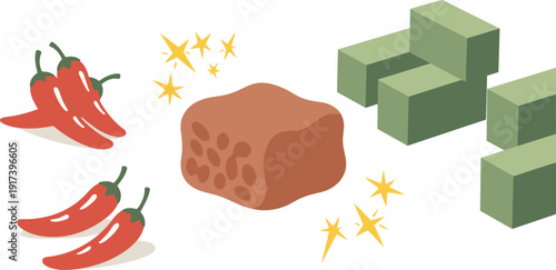 Colorful illustration showcasing spicy food elements - chili peppers meat and tofu - alongside -Nutrient Fat Activate Diet- graphic Bold graphic style suitable for health and wellness marketing