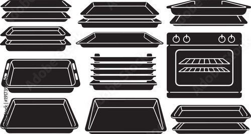 Black and white illustration of baking trays and oven