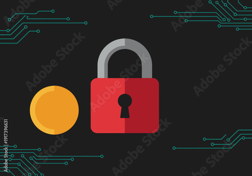 A dark background features a ransomware illustration with a padlock, coin, and payment request. Clean, modern design suitable for cybersecurity themes.