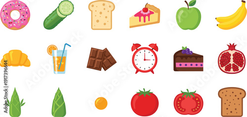 Healthy food and kitchen collection featuring fresh fruits vegetables donut bread chocolate bar tomato and alarm clock isolated on white.