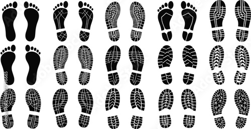 Black Shoe Sole Footprint Silhouette Set with Various Tread Patterns, Boot Marks and Foot Tracks Vector Illustration Collection