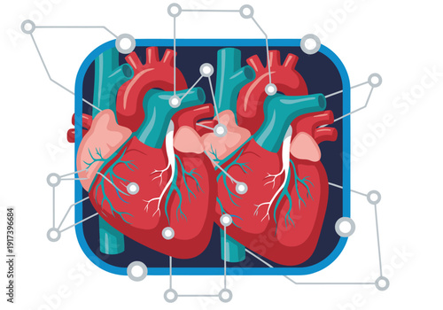 Detailed illustration showcases a heart twin surgery plan, featuring anatomical hearts and connecting neural pathways. Modern, graphic design style. Ideal for medical or healthcare visuals.