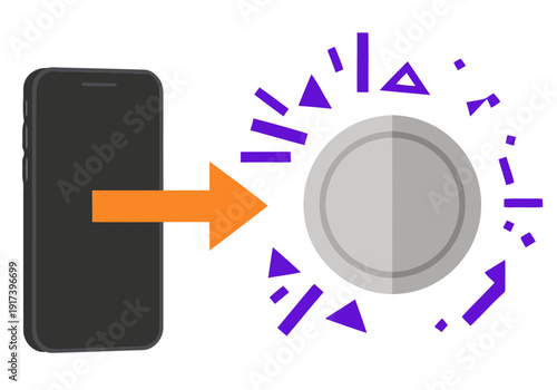 Digital ransom data transfer depicted with a smartphone sending information to a stylized coin. Bold purple accents create a dynamic, modern visual. Suitable for tech and finance concepts.