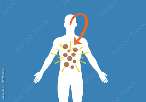Illustration depicting fat stimulation leading to weight loss. A stylized human figure with radiating fat cells shows a directional arrow indicating weight reduction. Clean, modern design.