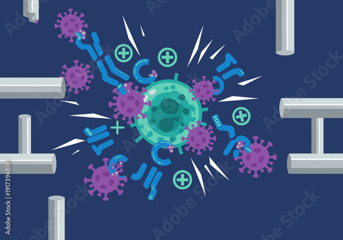 Illustrative depiction of an mRNA vaccine?s immune response. Vibrant colors showcase antibodies targeting a virus, highlighting a protective reaction. Modern, graphic style.