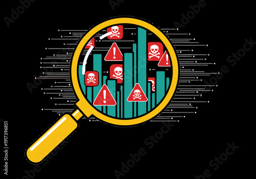 A magnified graph reveals privacy risks, highlighted by skull icons and warning signs. Analyze AI privacy risk with a bold, modern design.
