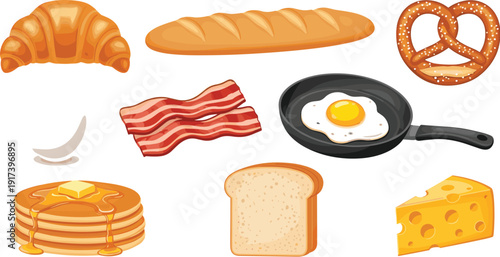 Breakfast food collection featuring croissant, baguette, pretzel, fried egg in a pan, bacon strips, pancakes with syrup, toast, and cheese slice.