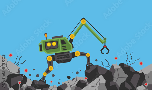 A rescue robot navigates rubble, demonstrating robotic assistance and problem-solving. Bold colors and a dynamic composition create a visually striking image.