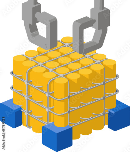 Robotic arms carefully handle a fuel rod bundle within a containment structure.  Detailed, technical illustration.  Ideal for energy, nuclear, and engineering visuals.