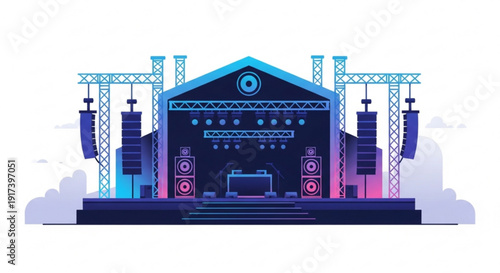 Concert stage with sound equipment and lighting nighttime festival or music event setup