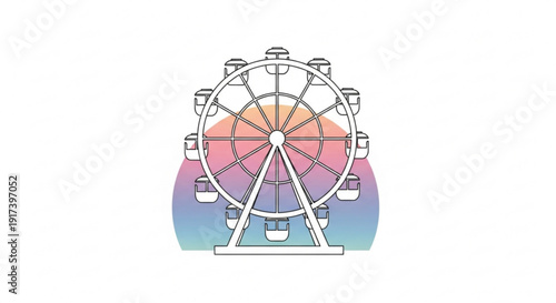 Colorful ferris wheel at sunset with rainbow gradient background and white outline
