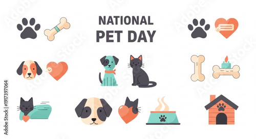 National pet day icons with dogs cats hearts bones and pet houses on white background