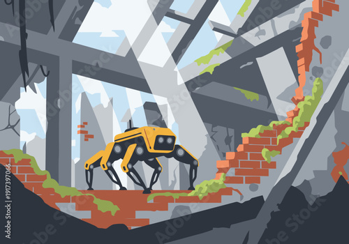 A rugged quadruped robot explores a crumbling brick structure. Dynamic composition, showcasing exploration and resilience. Modern, industrial aesthetic.